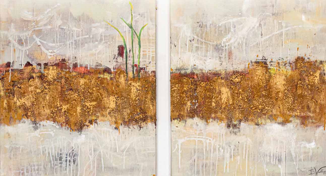 GROWTH, mixed media, sand, chipped wood on canvas, 2 parts, 80cm x 70cm each