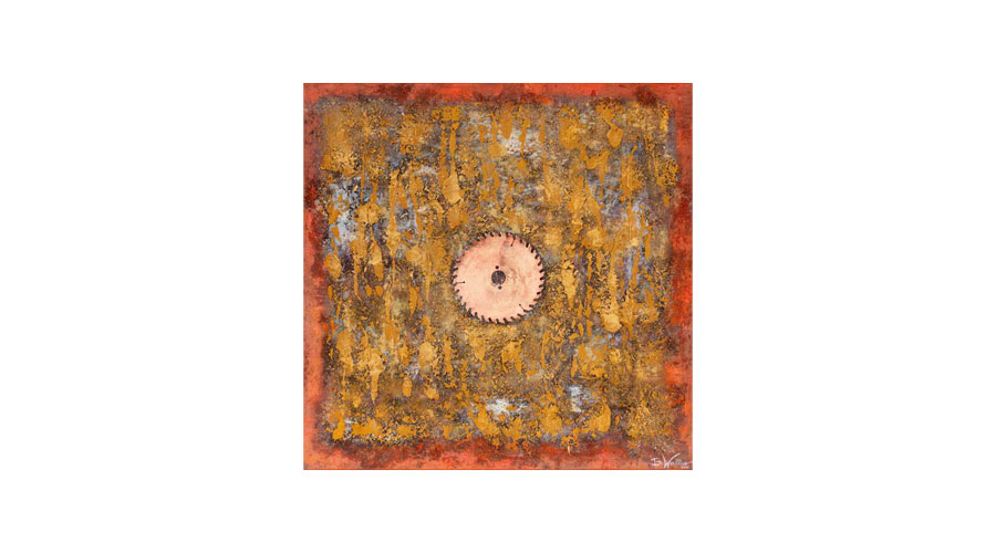 HARVEST, mixed media, sand, chipped wood, metal application on wooden panel, 80cm x 80cm