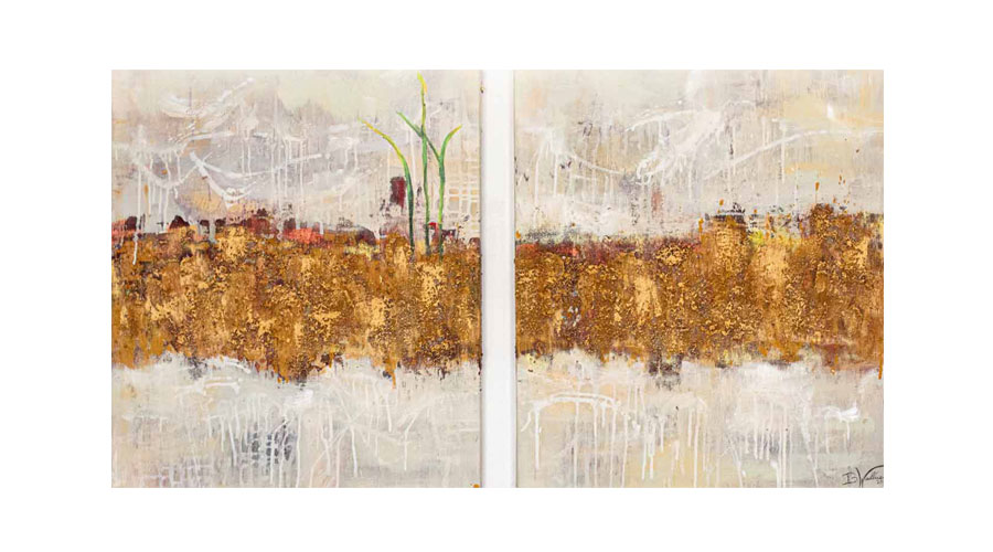 GROWTH, mixed media, sand, chipped wood on canvas, 2 parts, 80cm x 70cm each