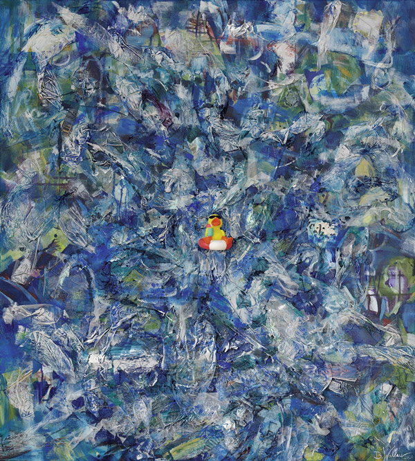 „FLOATING“ 2026 mixed media on canvas, with glass- and plastic applications, 90cm x 100cm