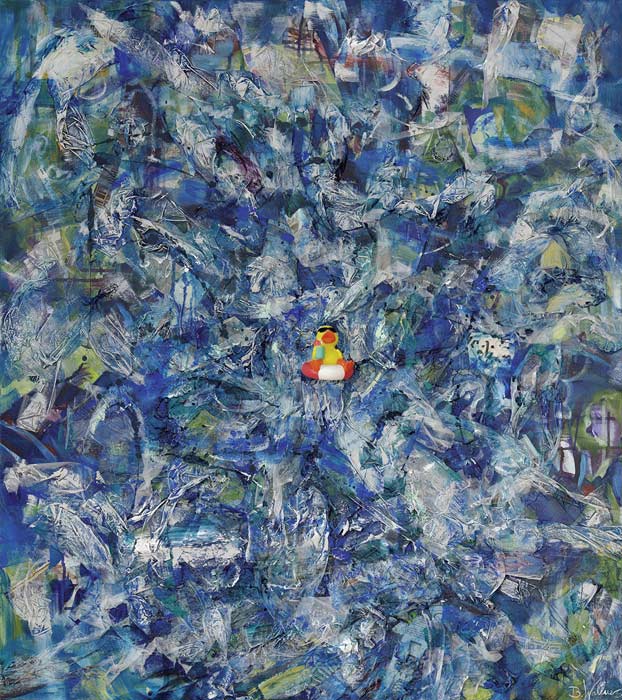 „FLOATING“ 2026 Mischtechnik auf Leinen, Glas- und Plastik Applikationen, 90cm x 100cm