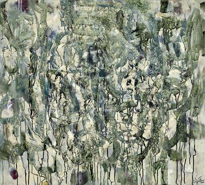 „WALDLICHTUNG“ 2026 Mischtechnik auf Leinen mit Applikationen, 90cm x 100cm