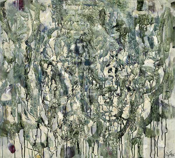 „WALDLICHTUNG“ 2026 Mischtechnik auf Leinen mit Applikationen, 90cm x 100cm